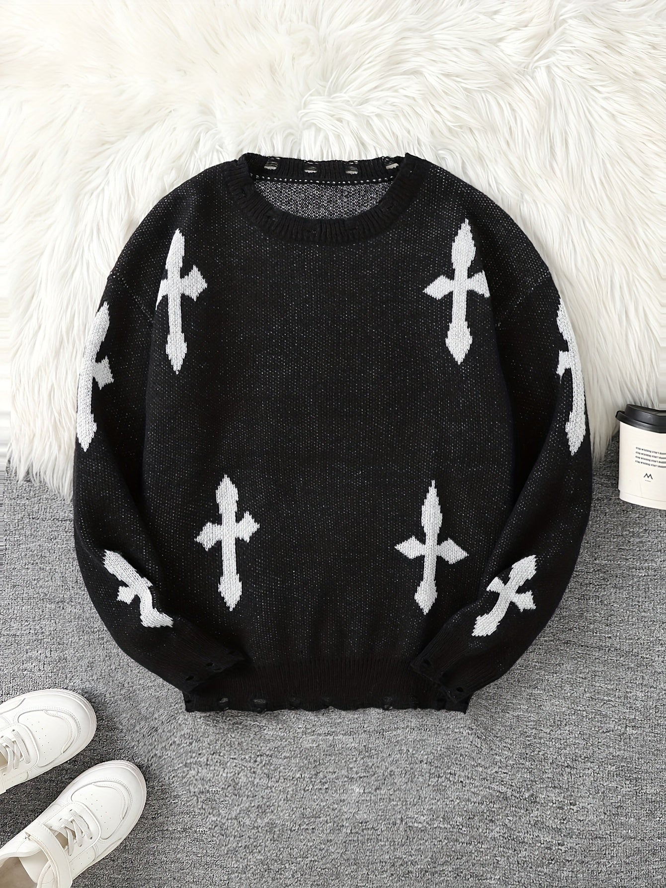Distressed Cross Jacquard Sweater