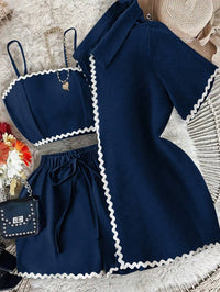 3pcs Women Summer Strap Top, Shorts & Shirt Sets