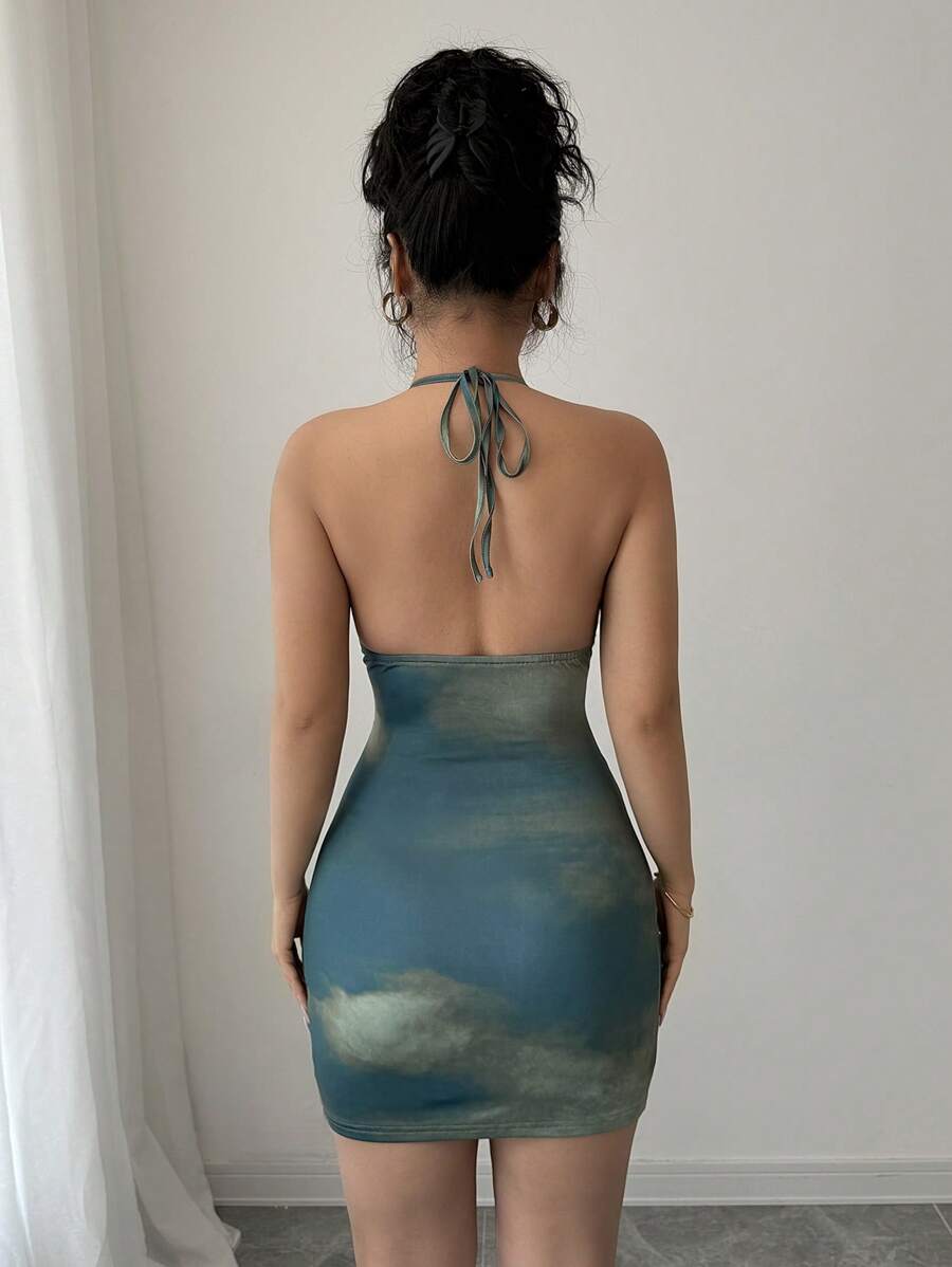 Backless Lace-Up Floral Pattern Mini Dress