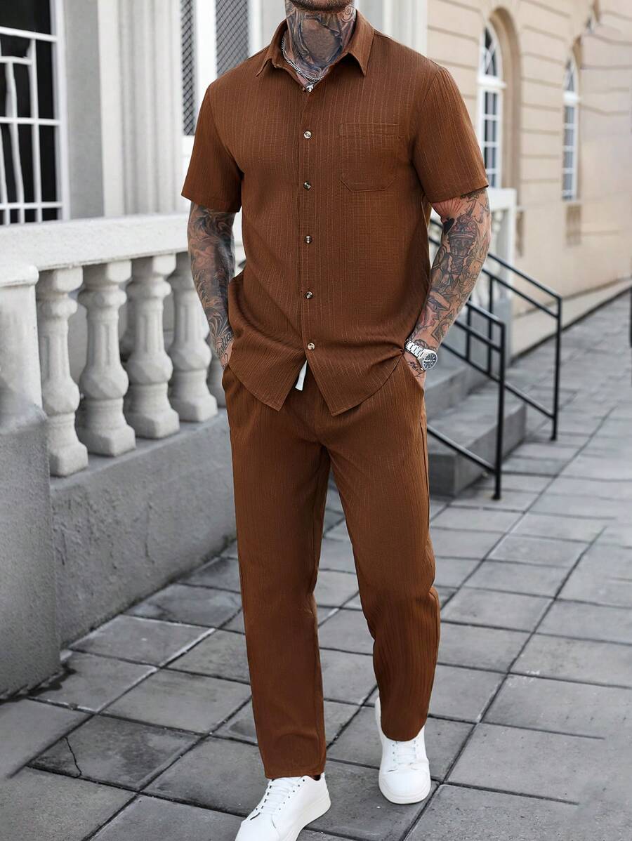 2pcs Set Textured Shirt And Pants