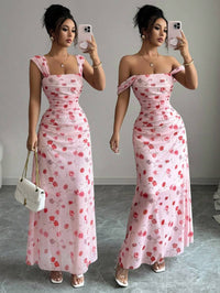 Floral Print Waist Ruched A-Line Dress