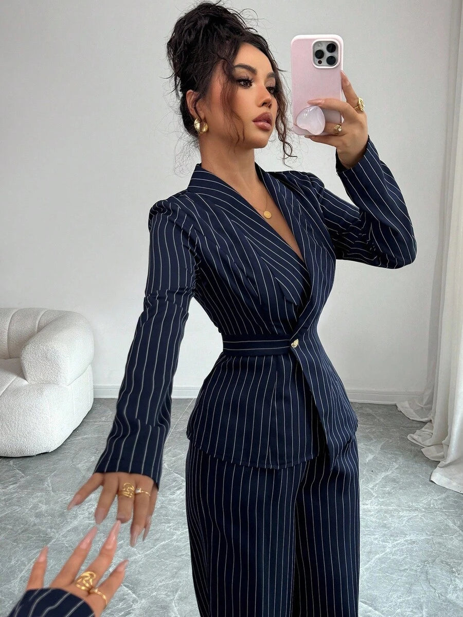 2-Piece Elegant Striped Blazer Jacket, With Pants