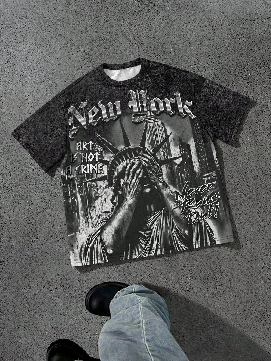 تي شيرت رجالي بأكمام قصيرة بطباعة حروف بياقة دائرية فضفاضة