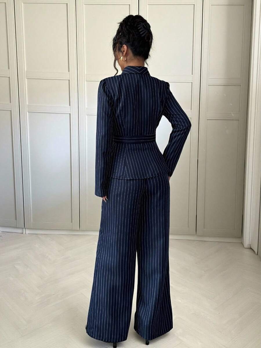 2-Piece Elegant Striped Blazer Jacket, With Pants