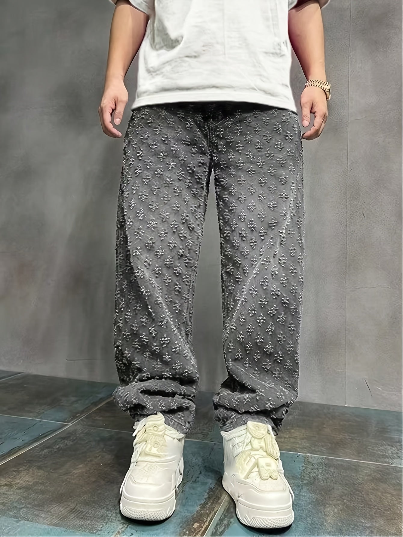 Crochet-Texture Straight-Leg Jeans