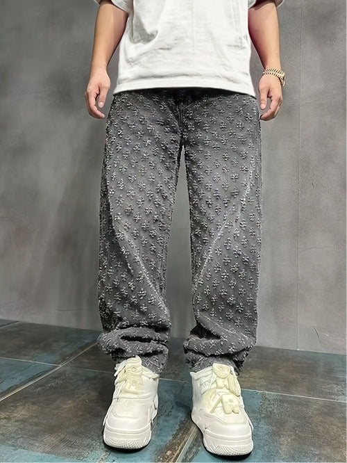 Crochet-Texture Straight-Leg Jeans