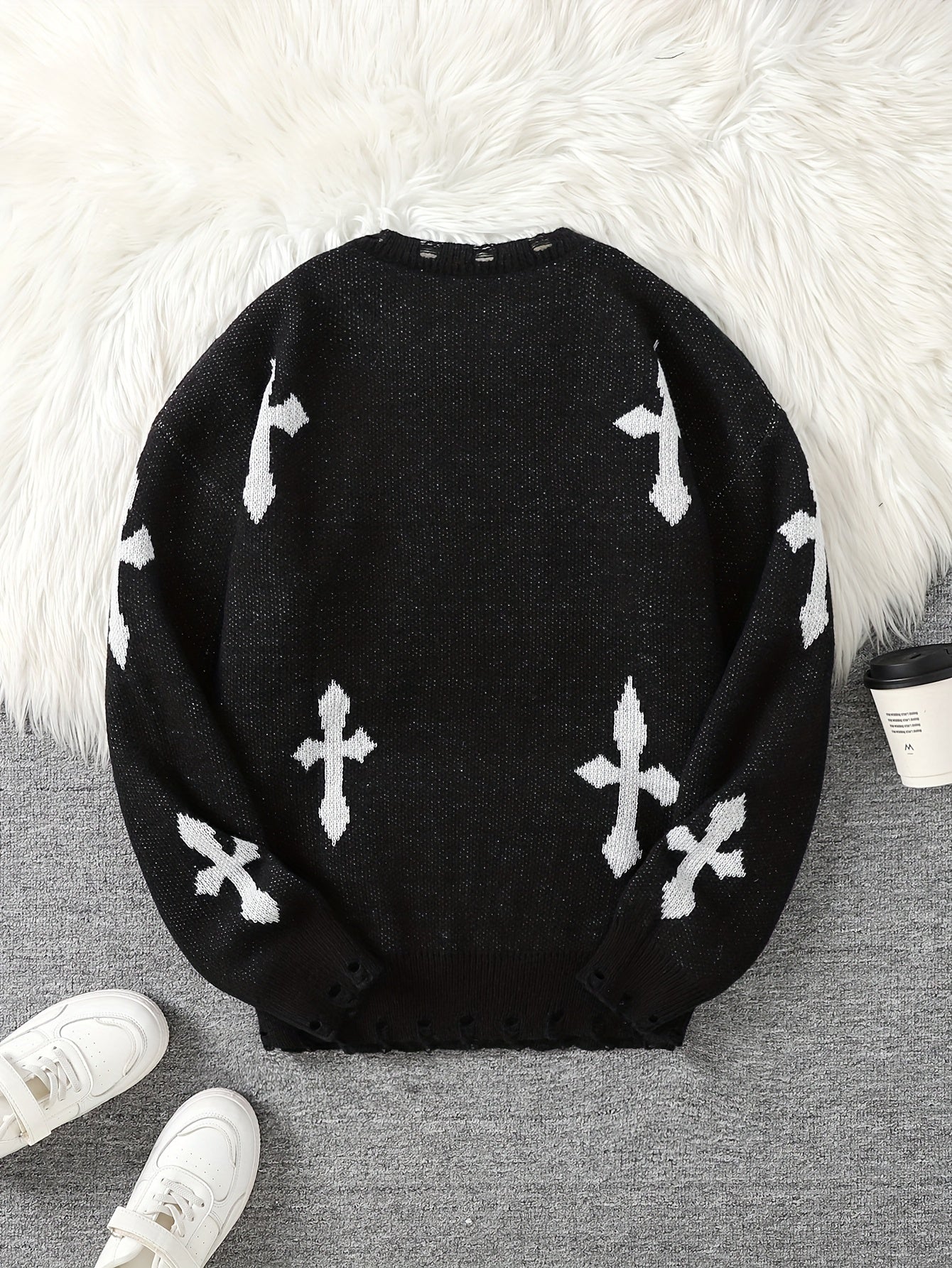 Distressed Cross Jacquard Sweater