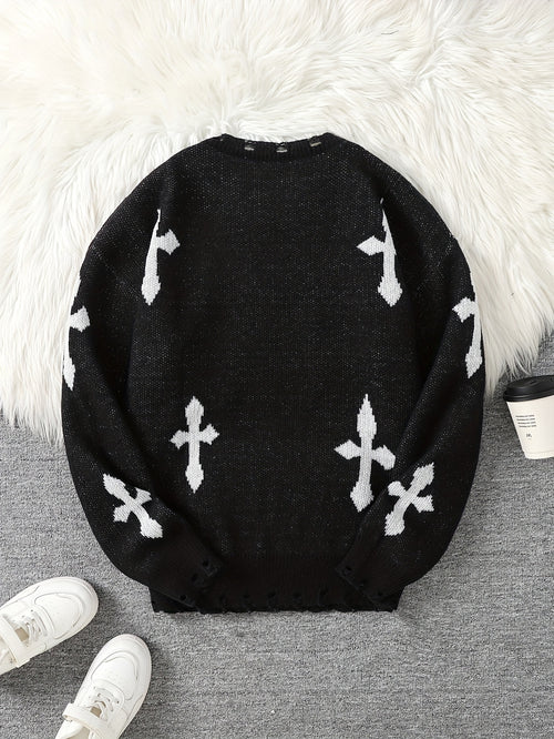 Distressed Cross Jacquard Sweater