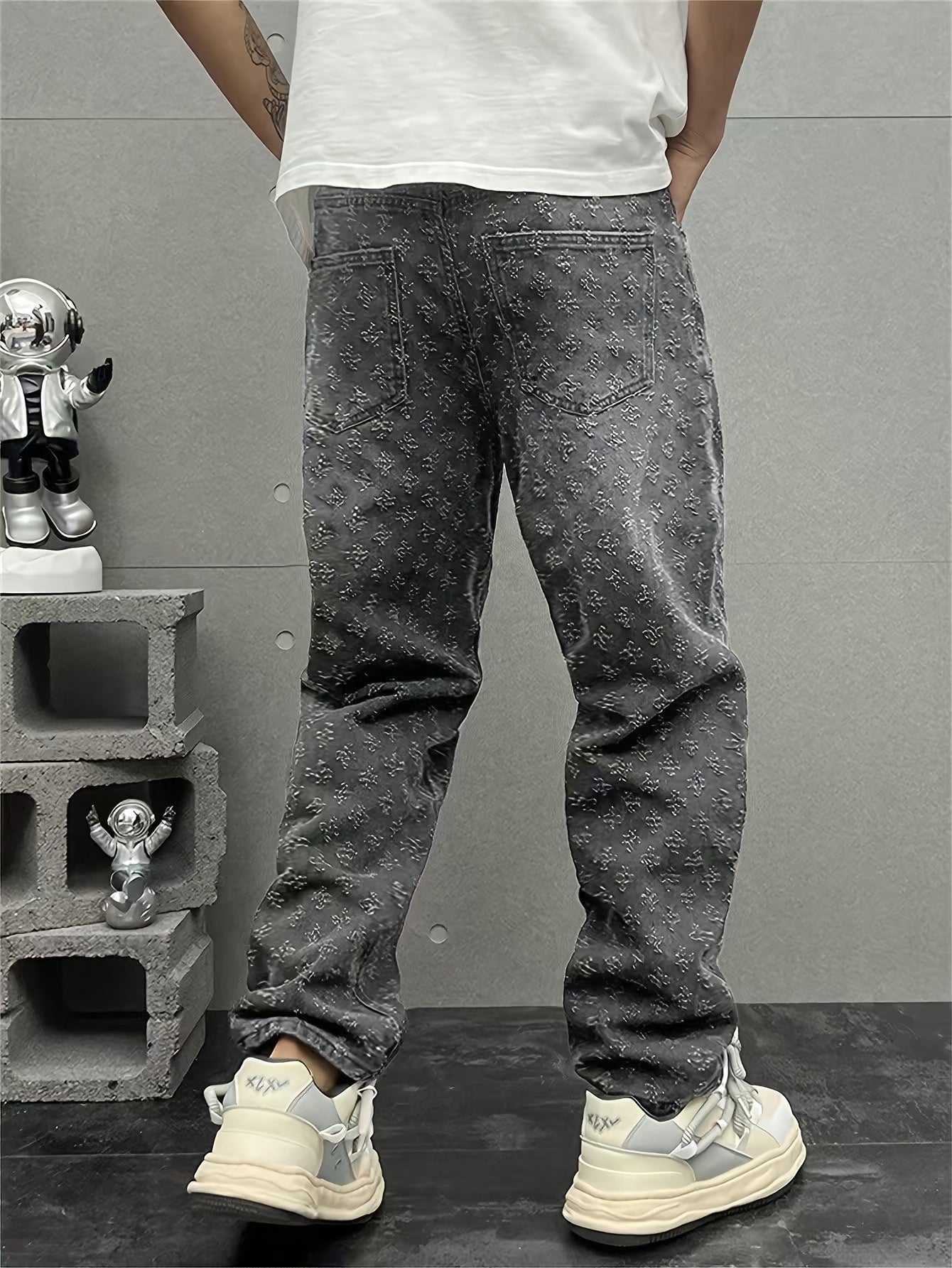 Crochet-Texture Straight-Leg Jeans