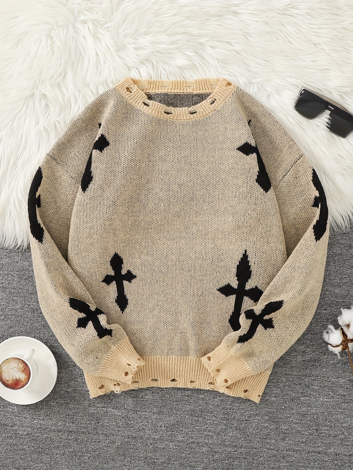 Distressed Cross Jacquard Sweater