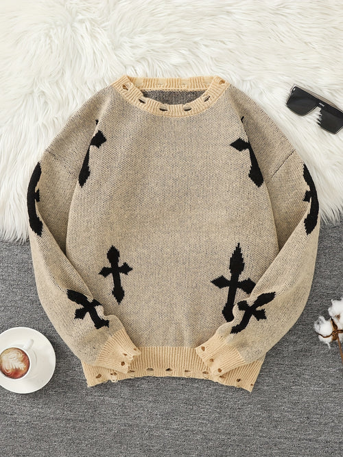 Distressed Cross Jacquard Sweater