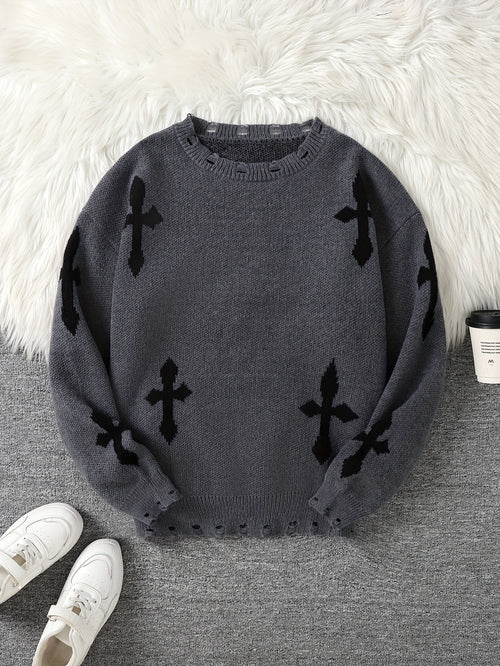 Distressed Cross Jacquard Sweater