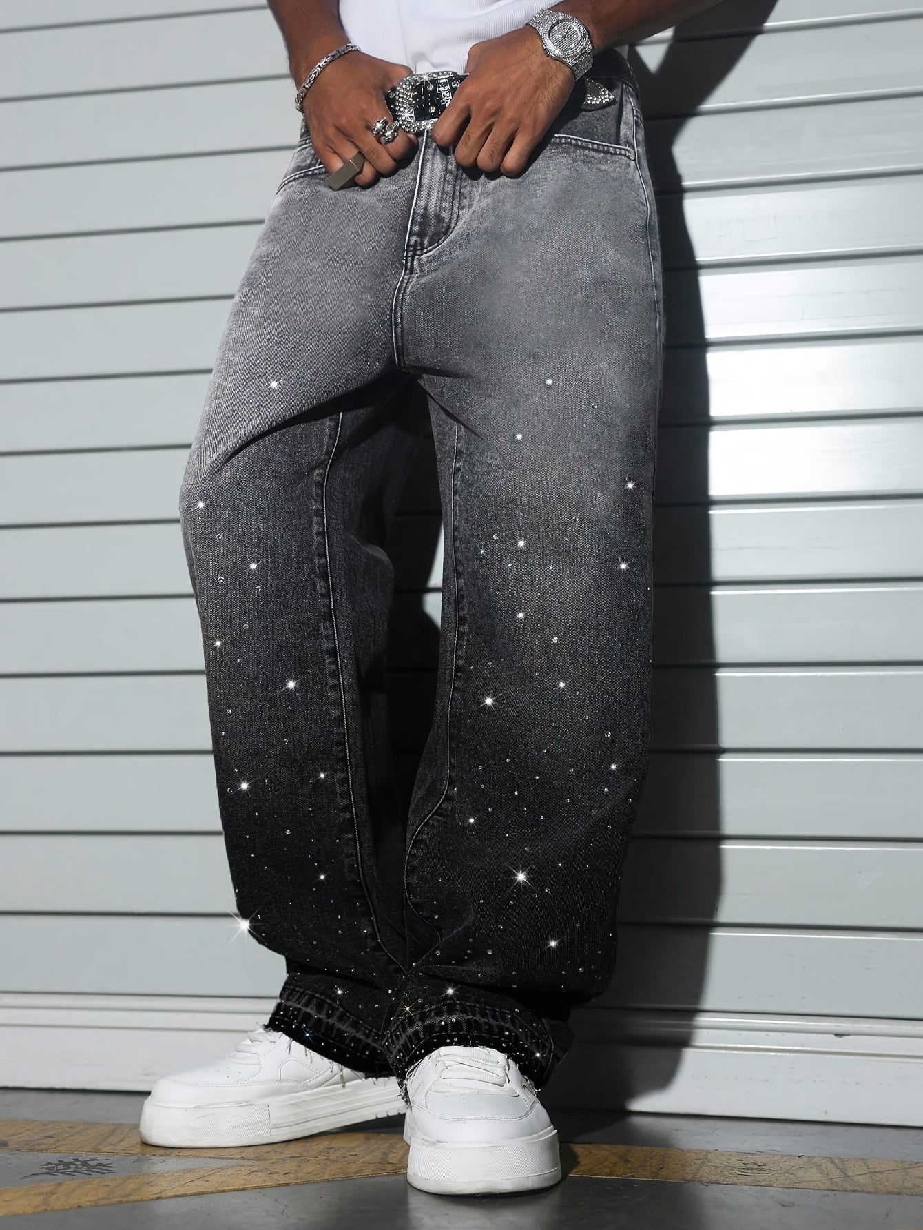 Rhinestone Gradient Wide-Leg Jeans