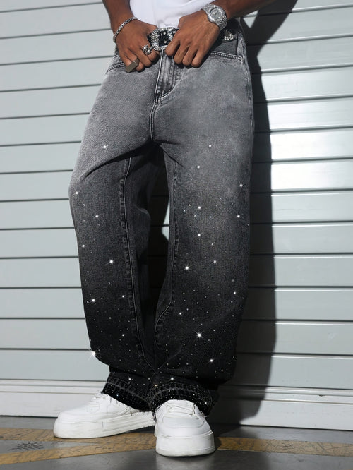 Rhinestone Gradient Wide-Leg Jeans