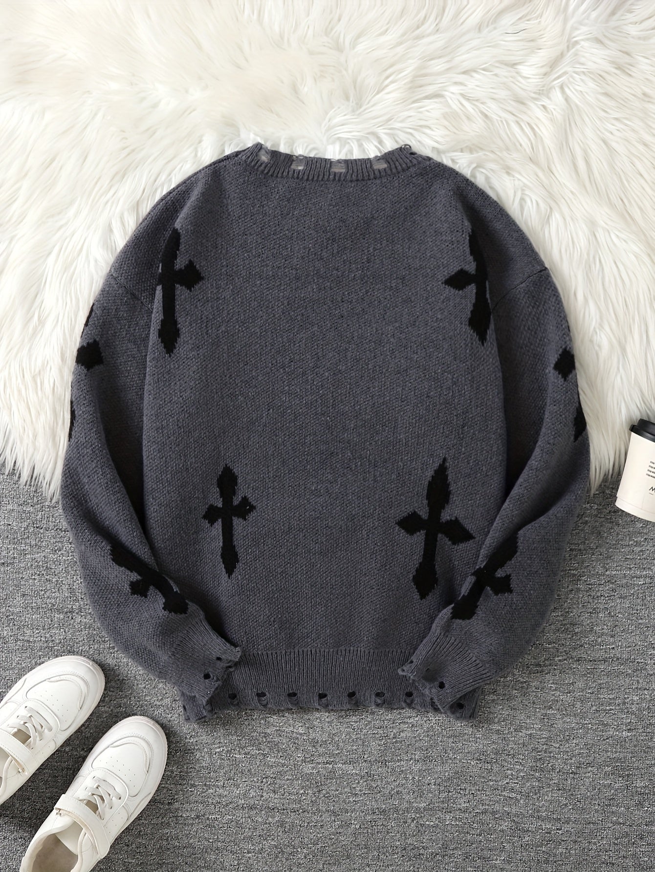 Distressed Cross Jacquard Sweater