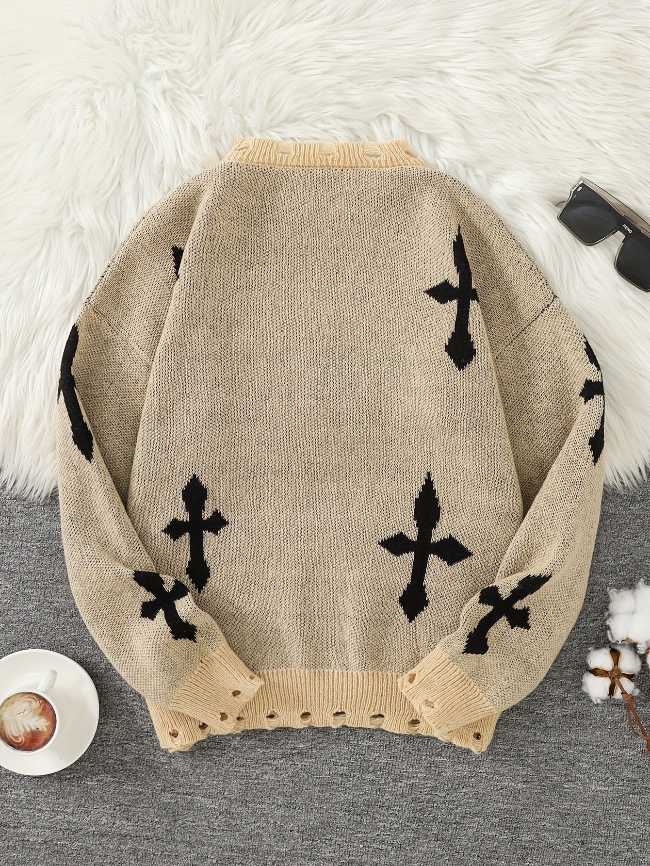 Distressed Cross Jacquard Sweater